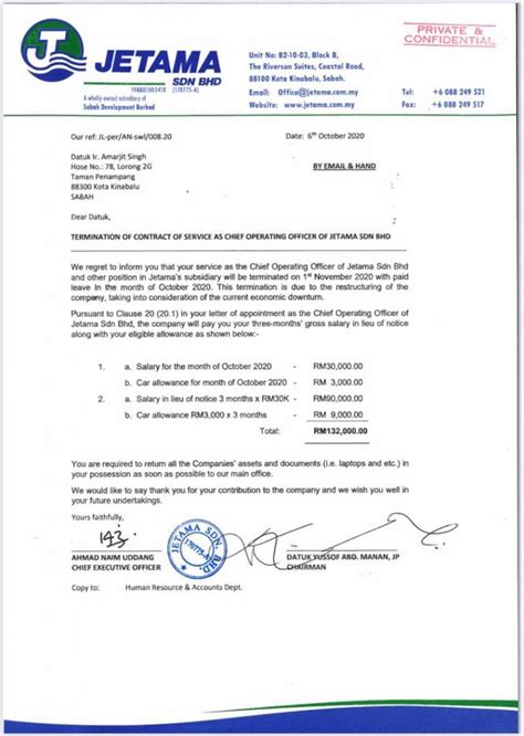 Penamatan contoh surat tidak sambung kontrak kerja. Amarjit ditamat kontrak COO Jetama Sdn Bhd dibayar ...