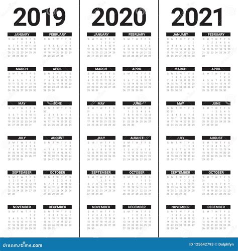 Year 2019 2020 2021 Calendar Vector Design Template Stock Vector