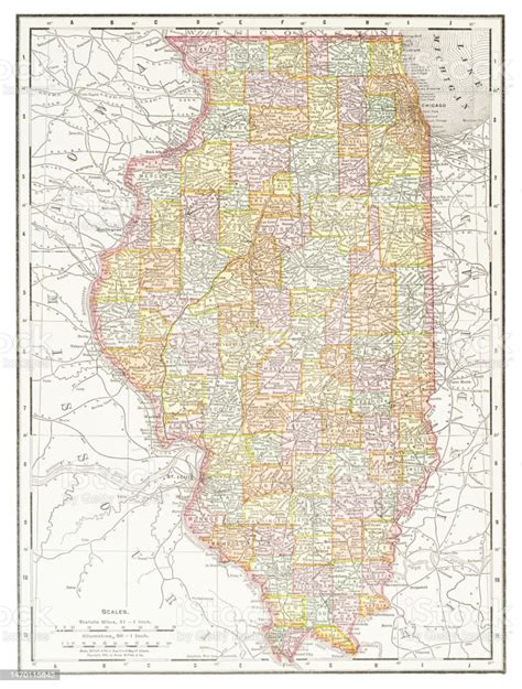 Mappa Dello Stato Dellillinois Usa 1899 Immagini Vettoriali Stock E