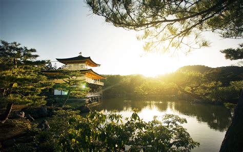 Landscape Nature Sunrise Park Kyoto Trees Lake Pagoda Japan
