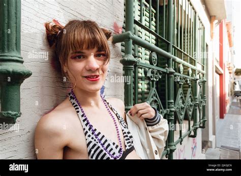 Close Up Portrait Caucasian Latin Transsexual Woman Of Young Argentinian Ethnicity Smiling