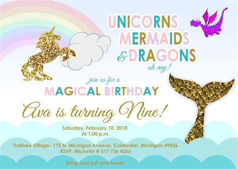 Unicorn And Mermaid Invitations Personalized Parties Plus Dragon