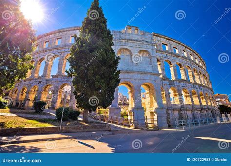 Arena Pula Roman Amphiteater At Sunset View Stock Image Image Of