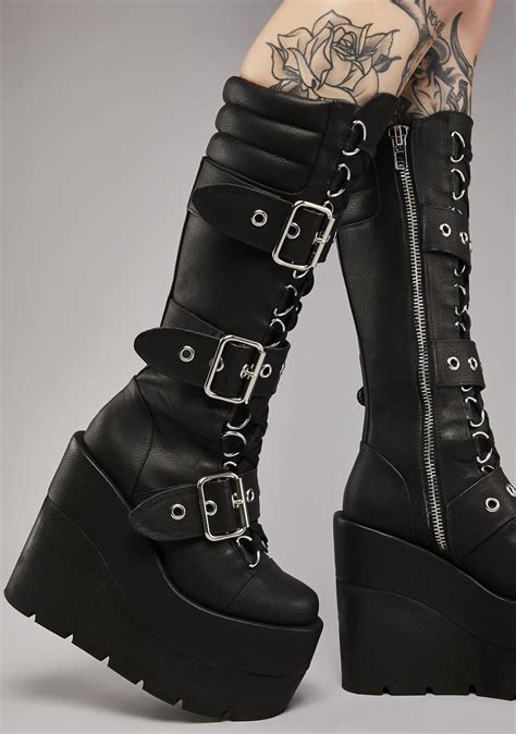 Widow Vegan Leather Buckle Platform Wedge Boots Black Dolls Kill