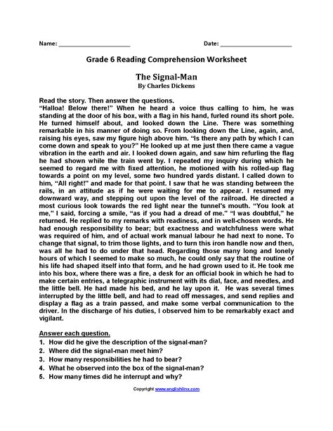 6th Grade Reading Comprehension Worksheet