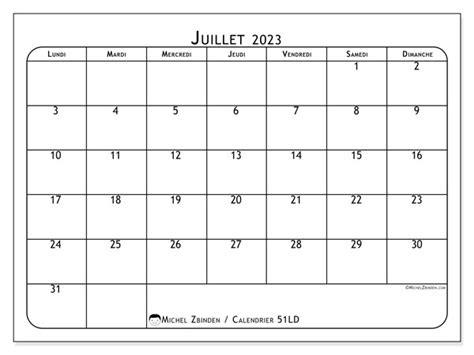 Calendrier Juillet 2023 à Imprimer “441ld” Michel Zbinden Ca
