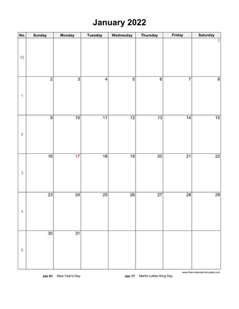 Vertical January 2022 Calendar
