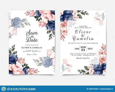 Floral Wedding Invitation Template Set With Blue And Brown Roses