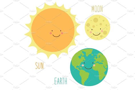 Cute Smiling Cartoon Characters Of Sun Earth And Moon
