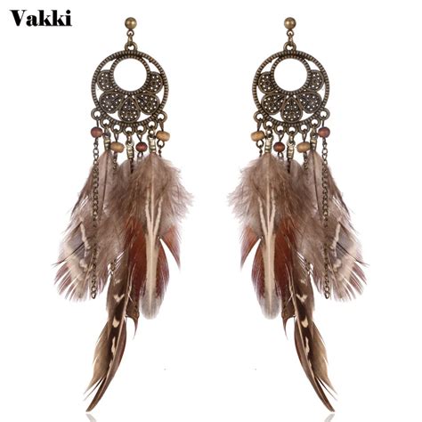 Ethnic Indian Feather Earrings Hollow Out Flower Long Tassel Beaded