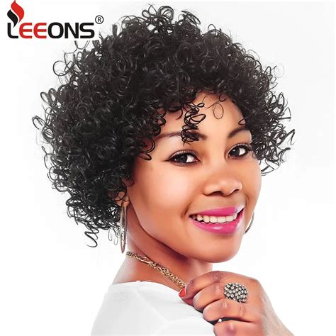 Leeons Synthetic Kinky Curly Wigs For Women Short Afro Wig African American Natural Black Wigs