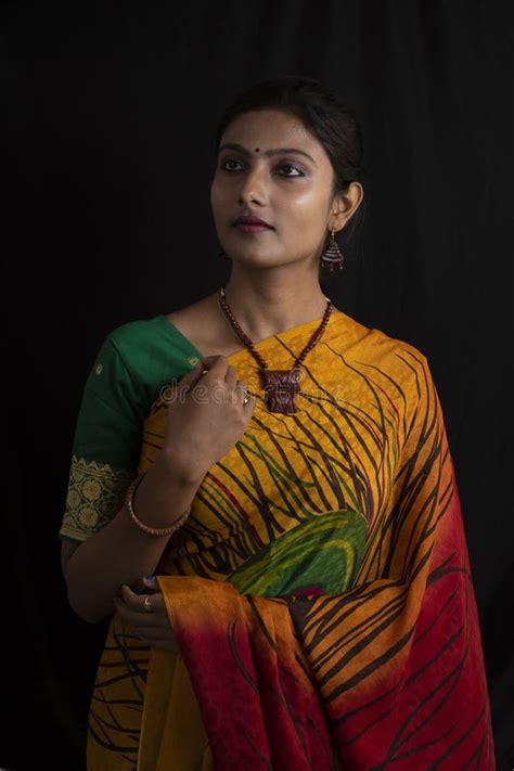 Portrait Of Young Indian Bengali Brunette Woman In Indian Traditional