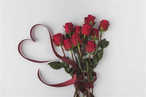 Beautiful Red Roses With Ribbon Isolated On White St Valentines Day