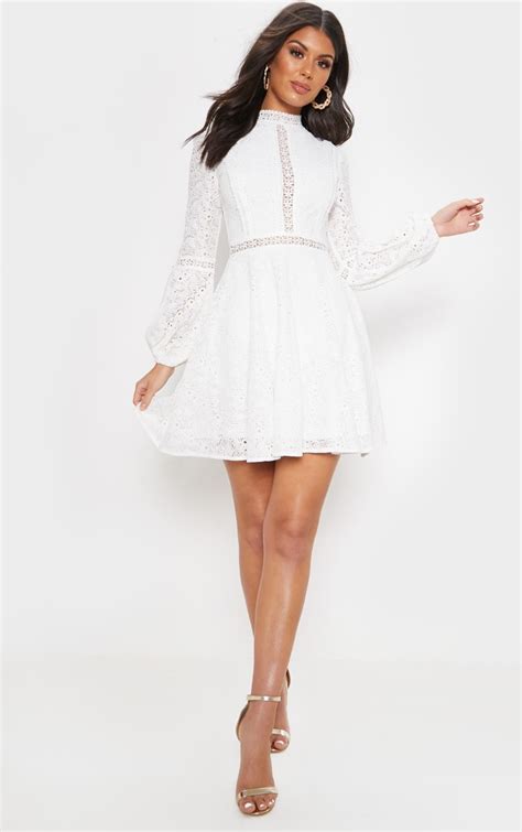 White Lace Long Sleeve Skater Dress Dresses Prettylittlething Aus