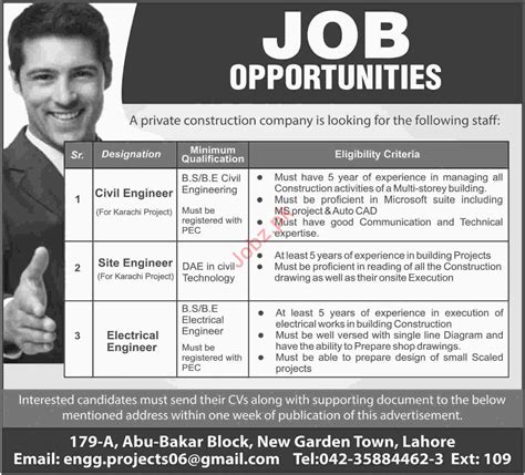Civil Engineer For Construction Company 2021 Job Advertisement Pakistan
