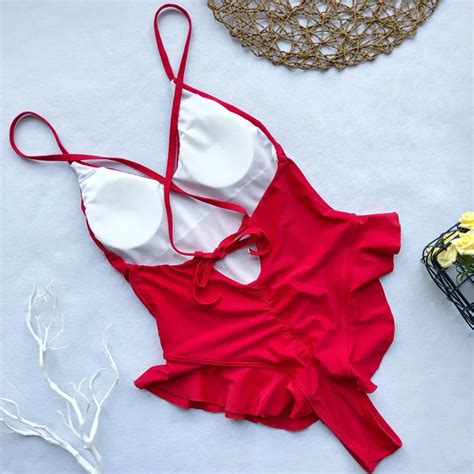 Melphieer Scrunch Butt Swimsuit Red Monokini Ruffle Sexy Lace Up One Piece Swimsuit Female