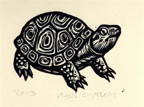 Original Art Turtle Linocut Art Print Hand Printed Original Linocut