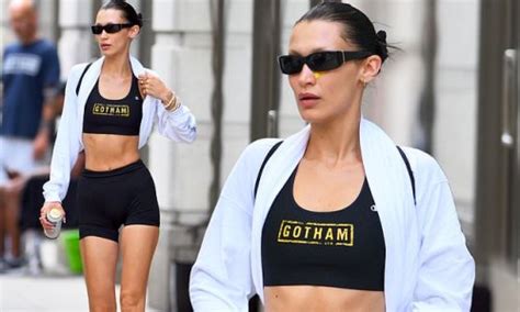 Bella Hadid Shows Off Her Taut Tummy And Long Legs In A Black Sports