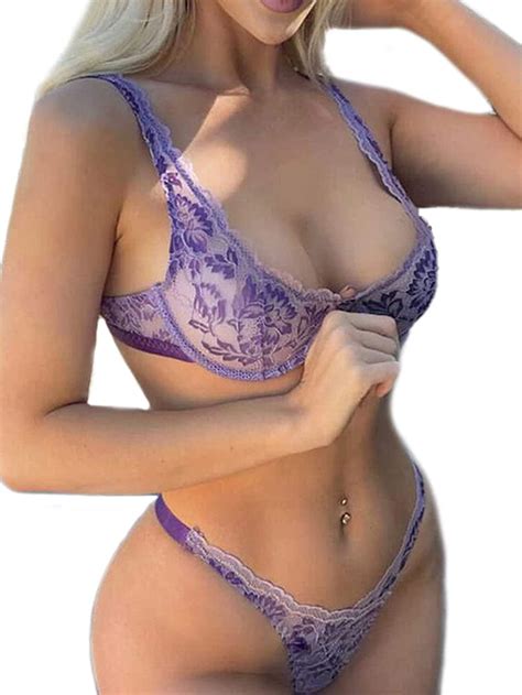 Lilosy Sexy Underwire Push Up Scallop Floral Lace Sheer Lingerie Set For Women Bra And Panty 2
