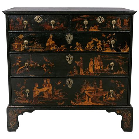 18th Century Queen Ann Black Lacquer Chinese Chinoiserie Chest