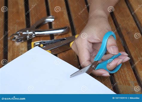 Hand Cutting Paper With Scissors Stock Image Image Of Card