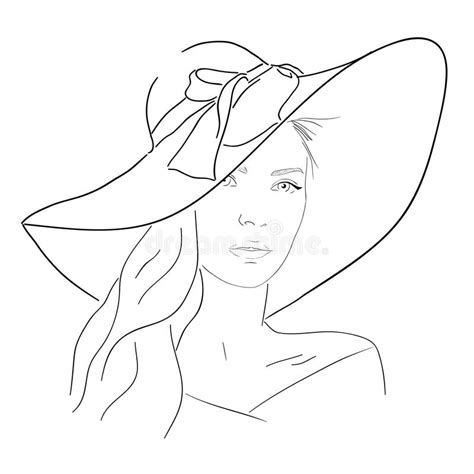 Young Pretty Woman In Hat Line Portrait Romantic Outline Sketch Stock