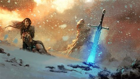 Video Games Mountain Sword Snow Women Warrior Fantasy Art