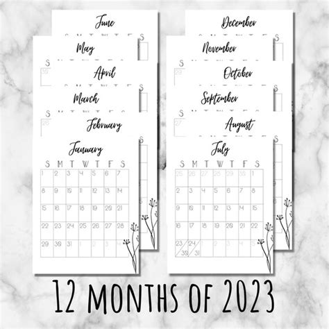12 Month Calendar 2023 Digital Download Printable Etsy