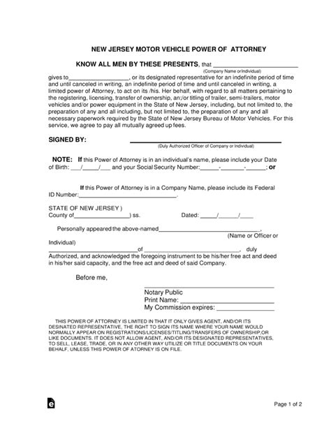 Free New Jersey Motor Vehicle Power Of Attorney Form Pdf Word Eforms
