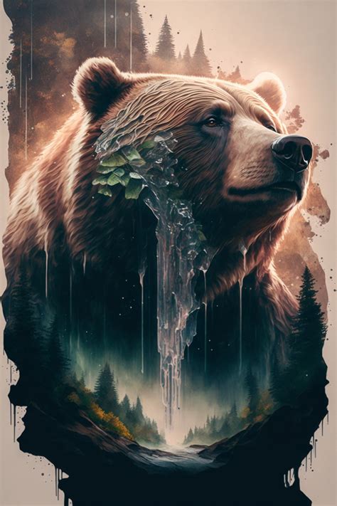 Grizzly Wisdom Double Exposure Bear Painting Nature Decor Etsy