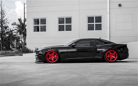 Download Wallpapers Chevrolet Camaro Black Supercar Red Wheels Side