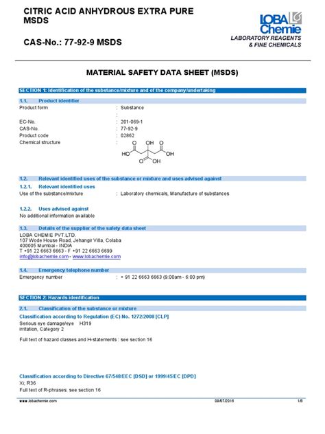Citric Acid Anhydrous Extra Pure Msds Cas 77 92 9 Msds Pdf