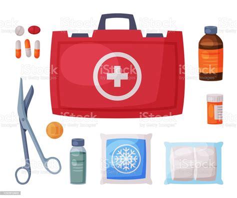 Red First Aid Kit Box With Medical Equipment And Medications For