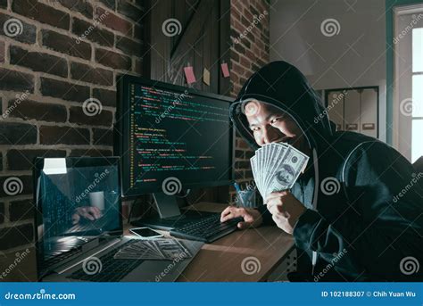 Evil Hacker Holding Cash Banknote Cover Face Stock Image Image Of