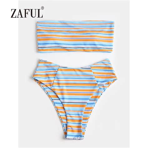 Zaful Bandeau Bikini Color Stripe Swimwear Women Strapless High Waisted Swimsuit Padded Bathing