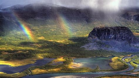 Hd Wallpaper Nature Landscape Sweden River Rainbows Mountain Forest