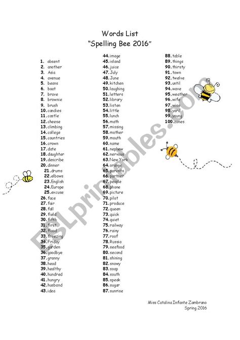 Spelling Bee Word List Printable