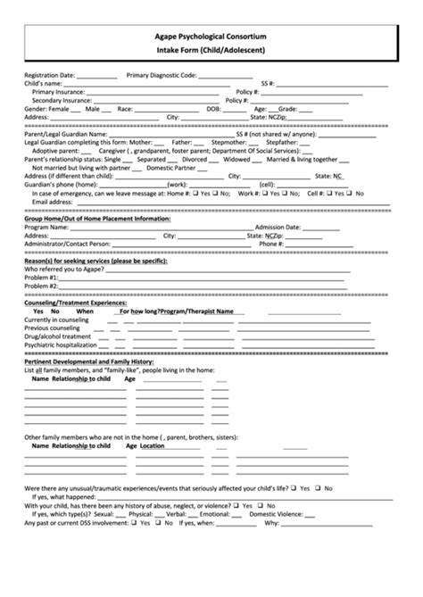 Intake Form Childadolescent Printable Pdf Download
