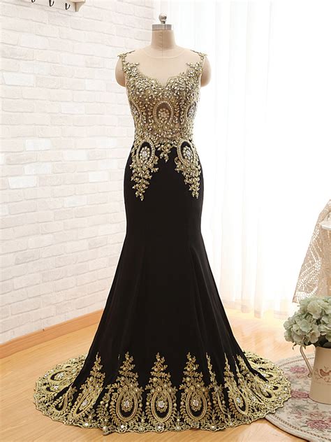R3 Black Mermaid Gold Lace Prom Dressmermaid Black Evening Gown