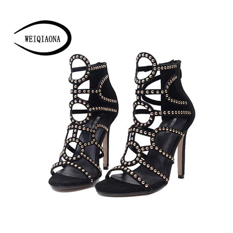 weiqiaona women s new fashion stiletto high heel sandals sexy rivet geometric pattern peep toe