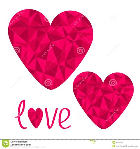 Two Pink Hearts Polygonal Effect Love Card Isolated Stock Vector