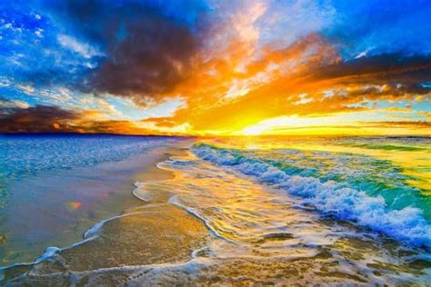 Golden Ocean Waves Bright Orange Blue Beach Sunset By Eszra Tanner