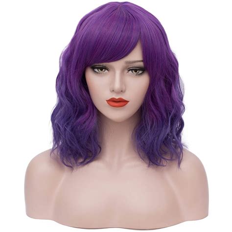 Mildiso Purple Wigs For Women Short Curly Wavy Bob Wig With Bangs Dark Purple Soft