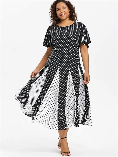 Kenancy Plus Size 5xl Polka Dot Print Color Block Women Retro Dress