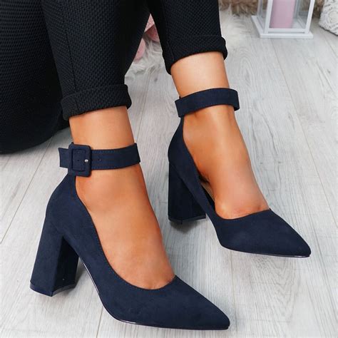 Ennya Navy Block Heel Pumps Satin Shoes Strappy Shoes Ankle Strap