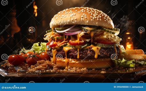 Grilled Beef Burger With Melted Cheddar Cheese Generated By Ai Stock