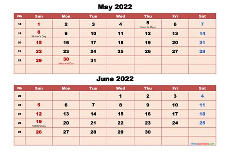 May June Calendar 2022 Printable
