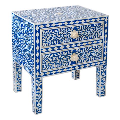 Indian Bone Inlaid Nightstand Table Blue Sheherazade Home Indian