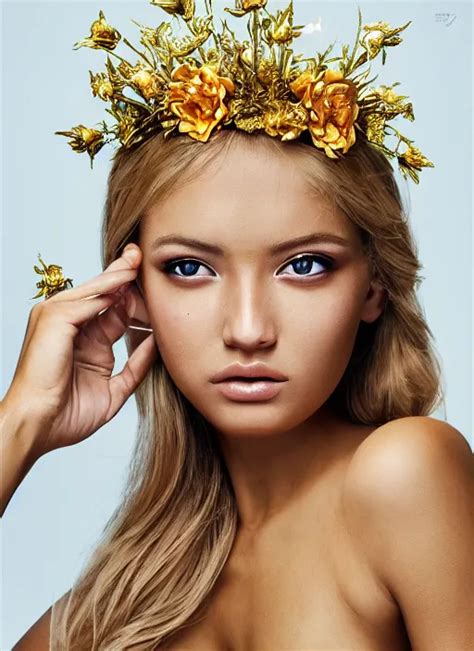 A Tanned Girl With Golden Hair Wears Floral Crown Stable Diffusion