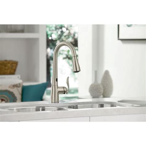 Touchless kitchen faucets, like traditional faucets, are available in a variety of designs and finishes. MOEN Arbor Single-Handle Pull-Down Sprayer Touchless ...